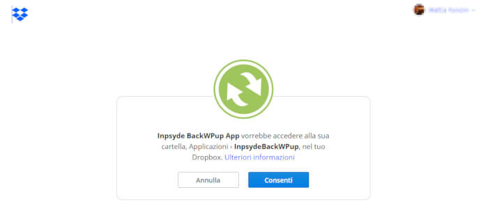 BackWPup: autorizzazione all'accesso su DropBox